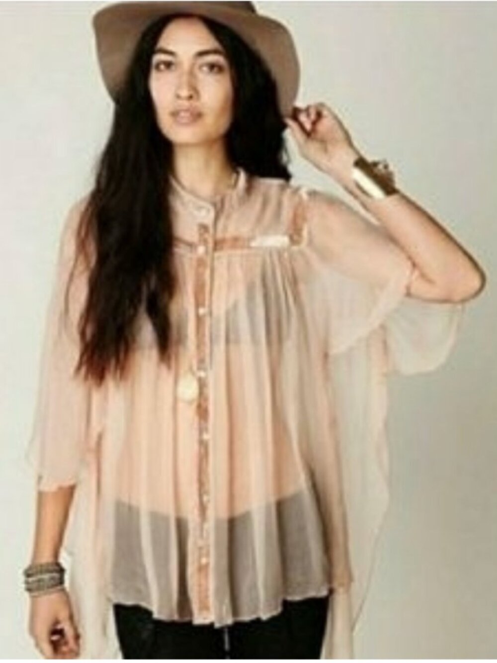 Free People New Romantics Sheer Velvet Trim Flutter Sleeve Top Blouse Pink Boho